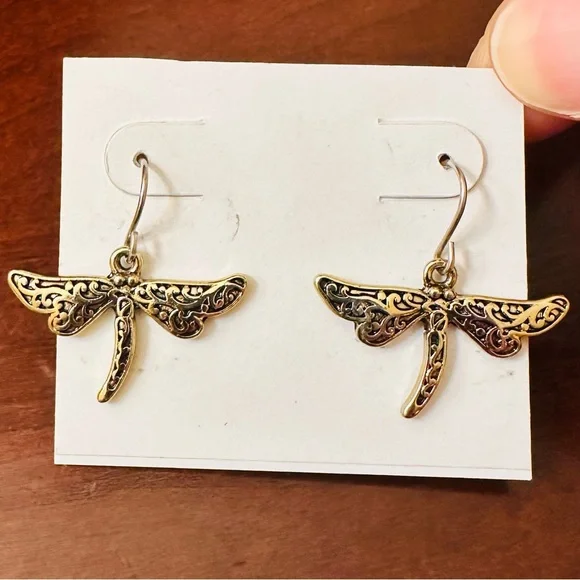 Gold Dragonfly Dangle Earrings - Picture 2 of 5